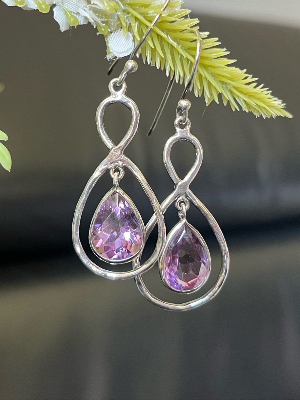 Sterling Silver Teardrop Earrings with Purple Amethyst Crystal Drops